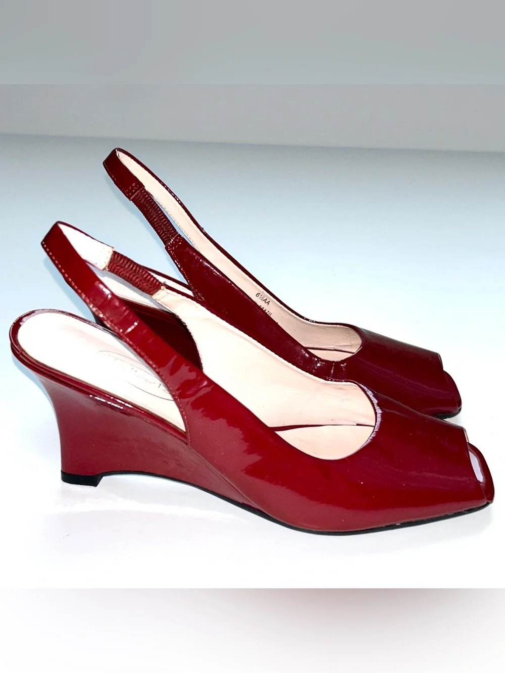 Vintage Talbots Burgundy Patent Leather Wedge Slingback Heels (6.5AA)